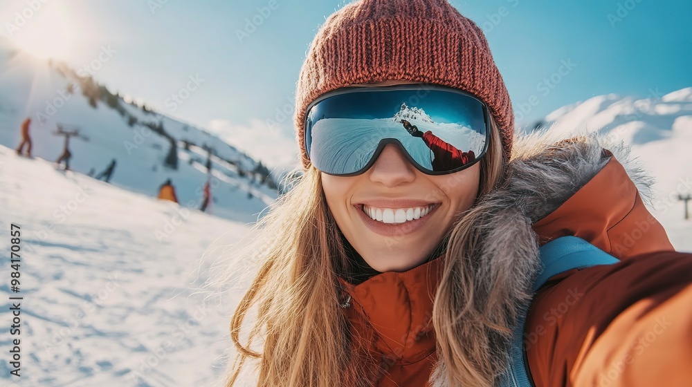 Canvas Prints Happy woman posing for winter selfie on a ski resort. Sport and healthy lifestyle concept. 