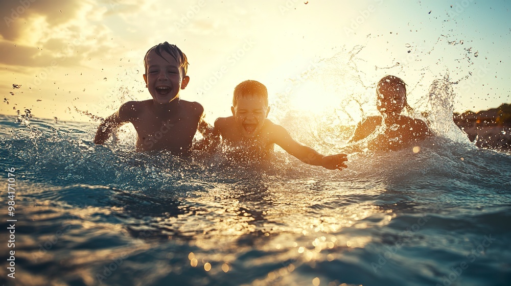 Canvas Prints Happy family swimming in the sea with water splashing and laughing, family holiday in the water