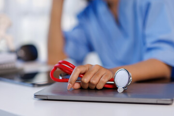 Fototapeta premium Headache stress, nurse or doctor asian woman in hospital feeling pain, tired or sick. Healthcare, wellness or female medical physician with depression or burnout while working late on laptop 