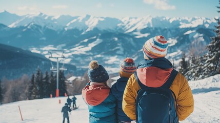 Happy family in winter clothing at the ski resort, winter time, watching at mountains