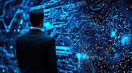 Businessman looking analytic digital circuit graphic technology