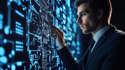 Businessman looking analytic digital circuit graphic technology