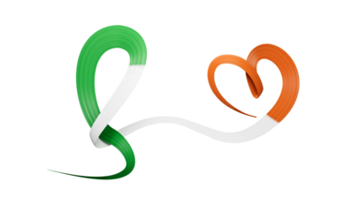3d Flag of ireland Country, Heart shaped Wavy Awareness Ribbon on White Background, 3d illustration
