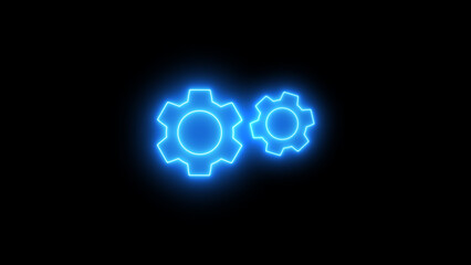 Glowing neon line gear cog icon, gear wheel icon, neon settings icon on black background.