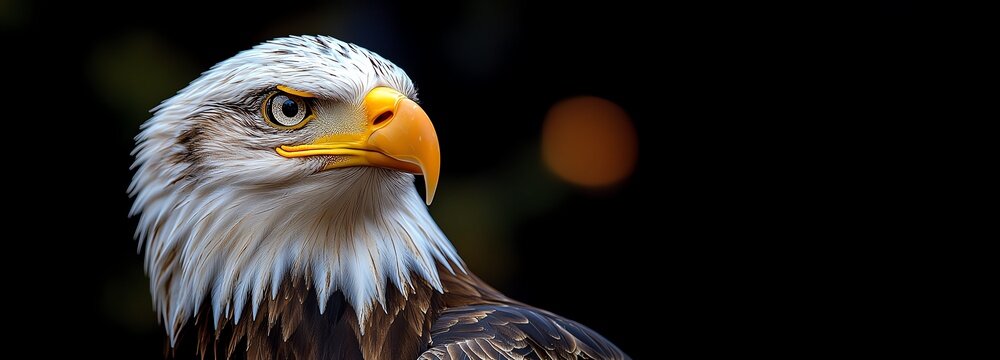 Close-up of a majestic eagle showcasing its striking features and intense gaze against a dark background.
