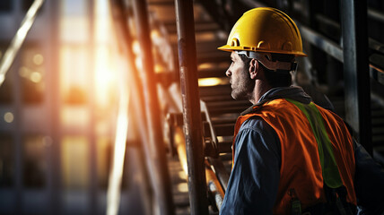 Construction worker in a yellow helmet and orange vest looking out at a building site, bathed in warm sunlight.