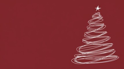 Aesthetic white Christmas tree made of with curved lines, red background, copy space. Greeting card. Generative AI