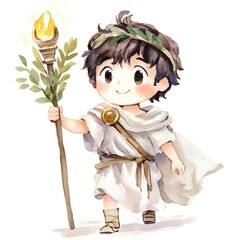 Fototapeta premium Watercolor Illustration of a Young Boy Dressed in a Tunic Holding a Torch.
