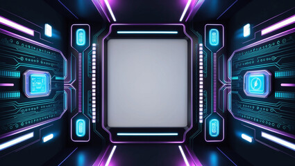 A futuristic circuit board design featuring neon blue and purple lights, geometric lines, and technology symbols. The central area offers space for digital content or interfaces.