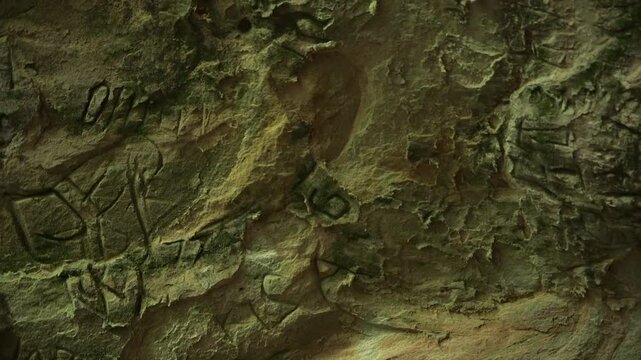 Various Historical Carvings of Letters and Symbols on the Old Cave Wall. Cave on the Slope of the Right Bank of the Ancient Valley of River is the Largest Cave in Baltics.