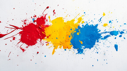 Fototapeta premium Abstract Artistic Paint Splatter Explosion Red Yellow Blue On White Canvas