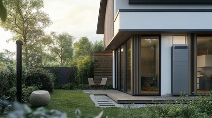 Modern Home Exterior with Patio, Green Grass, and a Grey Air Conditioner Unit