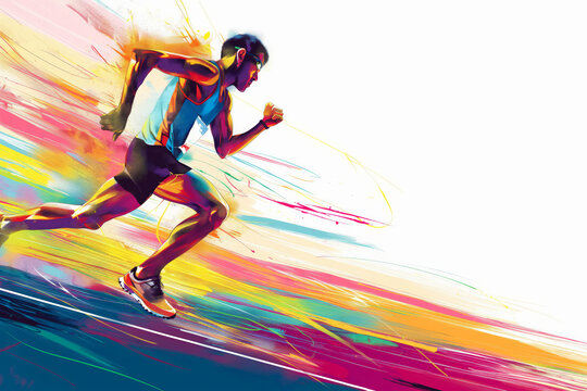 Colourful painted male athlete runner with paint brush stroke effect on white backdrop.