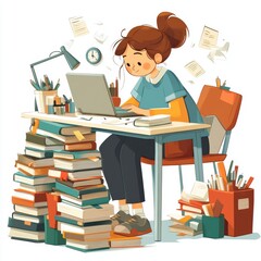 Girl Studying with Books and Laptop