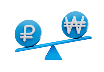 3d White Ruble And Won Symbol On Rounded Blue Icons With 3d Balance Weight Seesaw, 3d illustration
