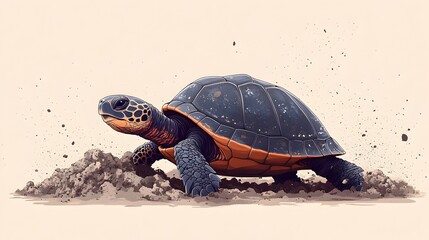 Obraz premium Turtle Retreating into Shell During Landslide Disaster in Minimalist Japanese Anime Style