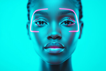 Futuristic portrait of an african american woman with pink neon lights and make-up is glowing on a blue background. Future ai technology and innovation