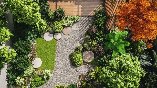 A garden layout with vibrant greenery and ornamental features creating a peaceful and harmonious outdoor space perfect for relaxation and inspiration