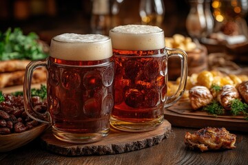 Two glasses of beer resting on table with freshly baked pizza bread