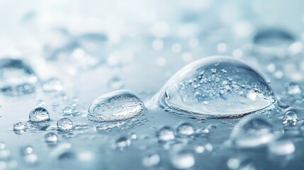 Crystal clear droplets of water on a reflective surface showcasing freshness and purity with a natural texture
