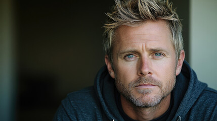 The man displays an intense expression with tousled hair and striking blue eyes, creating an inviting yet contemplative atmosphere in a relaxed environment