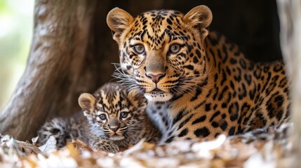 Leopard mother and cub posing in the jungle