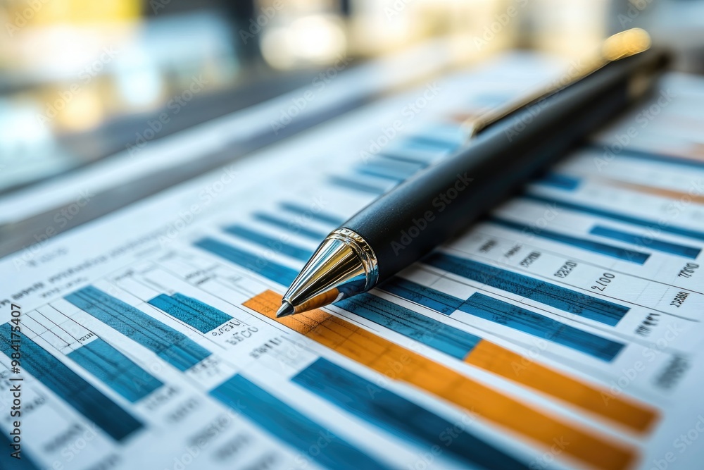 Poster Pen lying on paper showing bar charts representing financial data