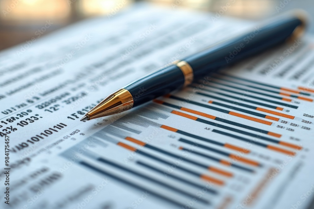 Poster Elegant pen resting on financial report with charts and numbers