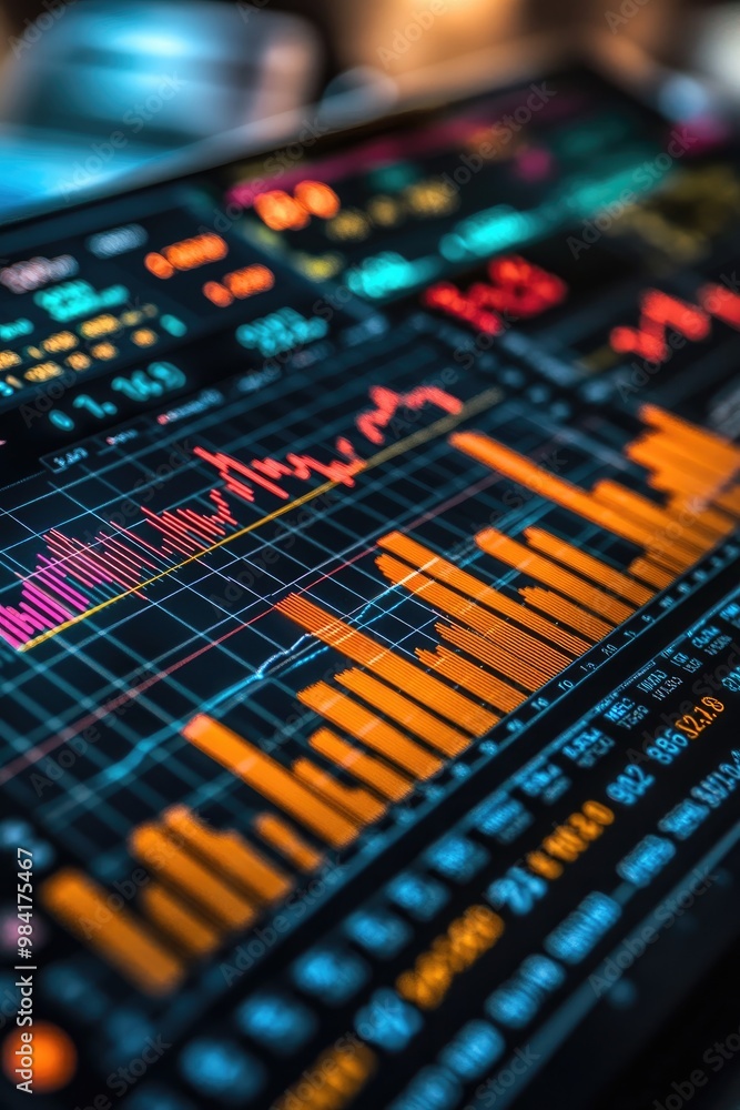 Poster stock market graph showing growing statistics on monitor screen