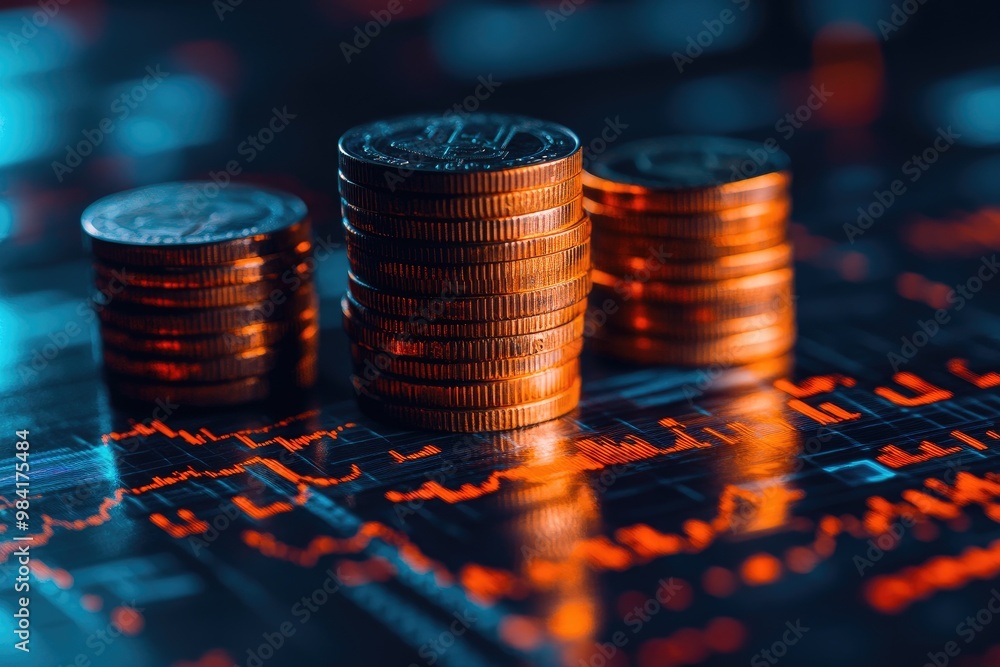 Poster stacks of gold coins standing on a graph showing market fluctuations