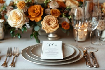 Elegant menu lying on table set for dinner in a restaurant