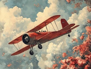 Vintage Red Biplane Flying Through the Clouds