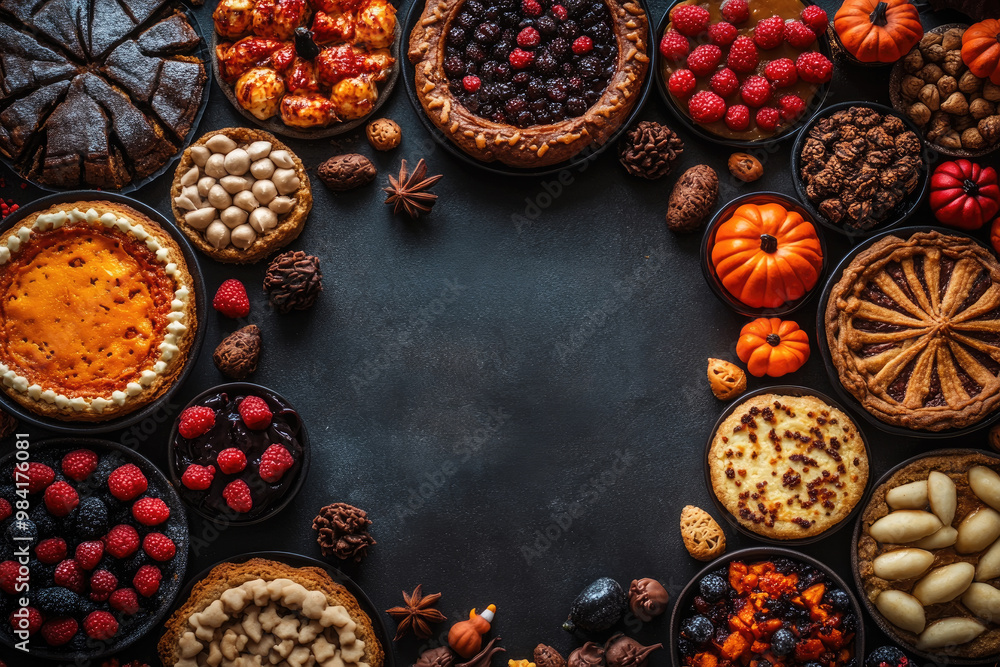 Poster an array of delicious pies and fresh berries is beautifully arranged around small decorative pumpkin