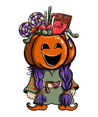 Gnome girl in a Halloween costume. The hat covers her eyes. Color illustration for printing posters, postcards, print on mugs and t-shirts, scrapbooking