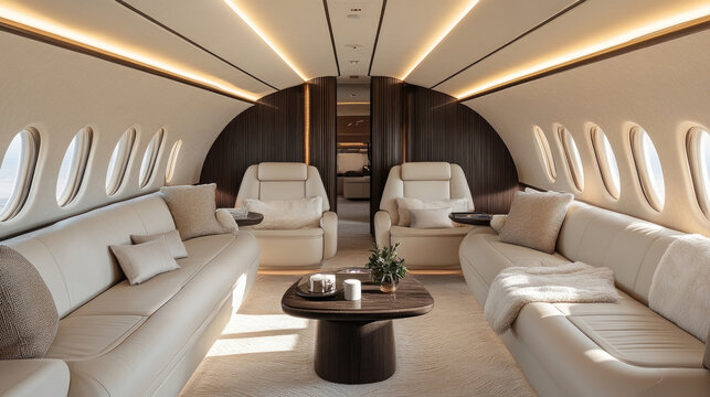 The interior of a private jet showcases plush seating and modern decor, designed for comfort and sophistication in a spacious cabin setting
