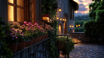 Naklejka premium A cozy small balcony overlooking a charming cobblestone street