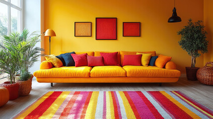 A cozy living space showcases a striking yellow sofa adorned with colorful cushions against a warm, vibrant wall, creating an inviting atmosphere