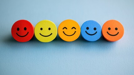 A paper smiley face chosen from a lineup of emotions representing positive feedback and mental health awareness on a clean background