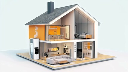A cutaway view of a modern house with a heat pump and interior design elements