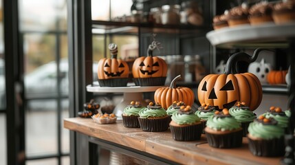 A witch's bakery with Halloween-themed pastries displayed in the front window