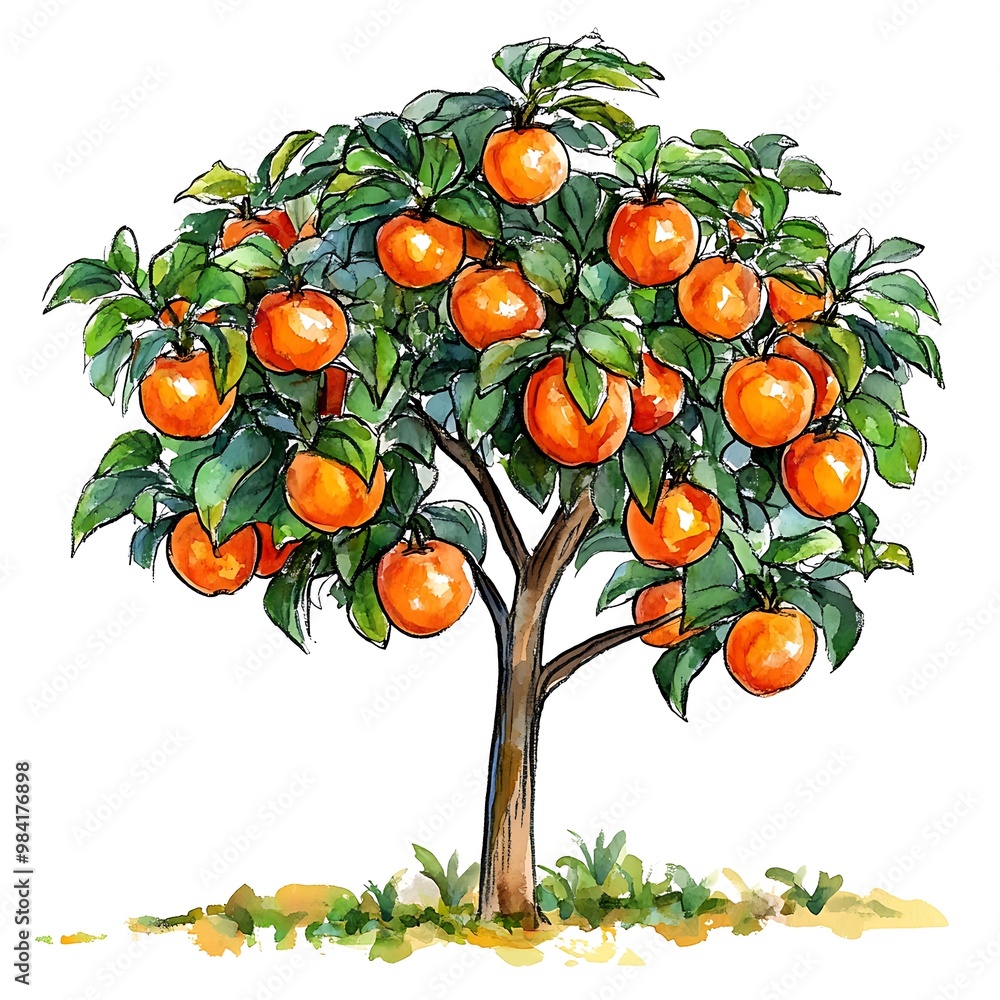 Poster Watercolor Illustration of a Citrus Tree with Ripe Oranges.