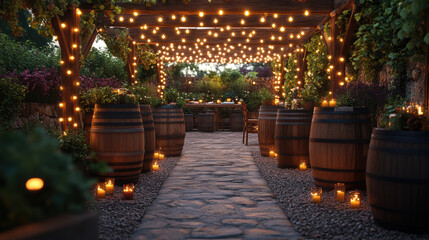 Obraz premium A charming pathway illuminated by twinkling lights and candles, leading to a beautifully decorated outdoor setting with barrels and lush greenery