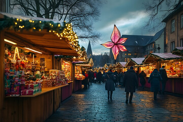 Fototapeta premium In Koblenz, Rhineland-Palatinate, Germany, the Christmas market is located in Brunnen Am Plan in the historic town center.