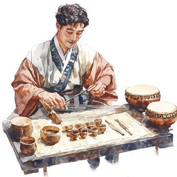 Traditional Korean Music Performance - Watercolor Illustration.