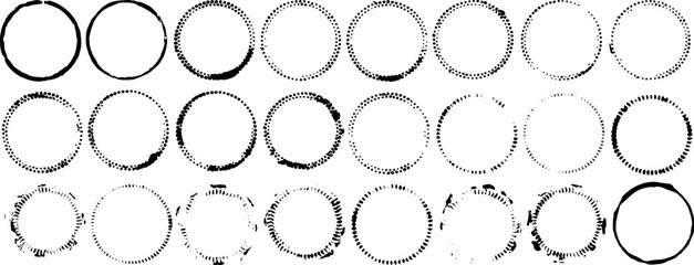 Vector set of 24 black ink circles. Each circle has a different size, shape, and texture. These circles could be used for design projects, graphic design, or artistic purposes.