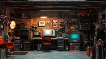 Horizontal view of a garage that is outfitted with computers and other vintage items
