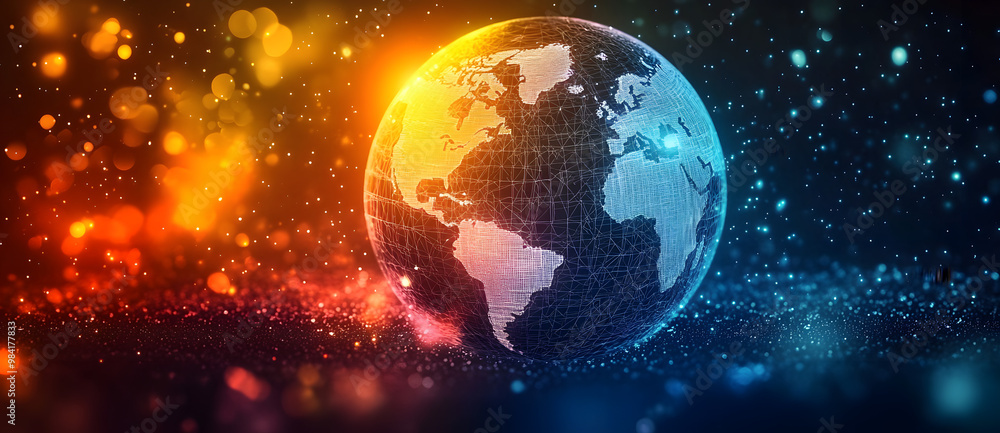 Poster wireframe concept of a glowing holographic globe on a dark background. low polygonal wireframe conce