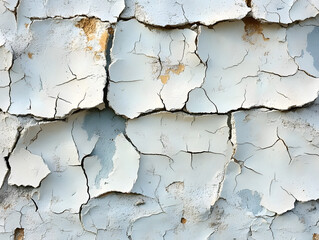 Obraz premium Close-up of a weathered wall with peeling blue paint, revealing cracked textures and an aged appearance for artistic use.