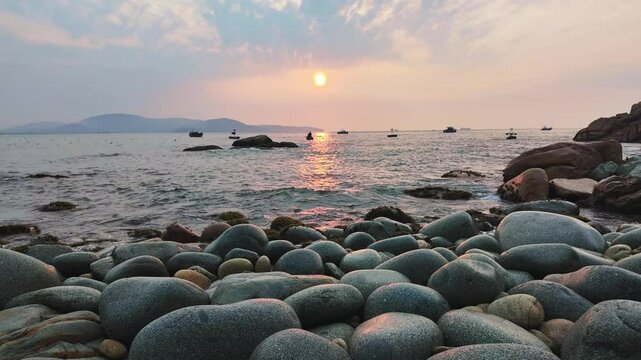 Timelapse of beautiful sunrise on egg stone beach near Quy Nhon city, Vietnam