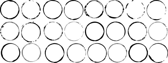 Vector set of 24 black ink circles. Each circle has a different size, shape, and texture. These circles could be used for design projects, graphic design, or artistic purposes.